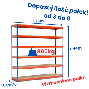 Regał magazynowy Riveto 2,44 (h) x 1,23 x 0,77m, 800kg nośności półki, płyta wiórowa