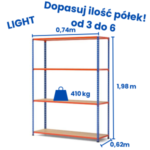 Regał magazynowy Riveto Light 1,98 (h) x 0,74 x 0,62m, 410kg nośność półki, płyta wiórowa