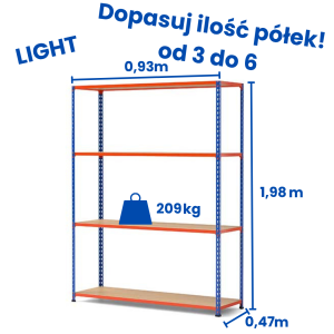 Regał magazynowy Riveto Light 1,98 (h) x 0,93 x 0,47m, 209kg nośność półki, płyta wiórowa