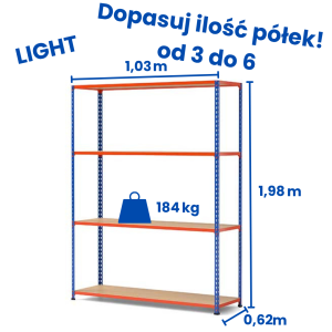 Regał magazynowy Riveto Light 1,98 (h) x 1,03 x 0,62m, 184kg nośność półki, płyta wiórowa